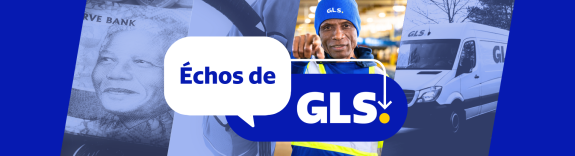 Fond bleu avec des images d'un joueur de hockey et d'un employé de GLS sur laquelle est inscrit « Échos de GLS » 