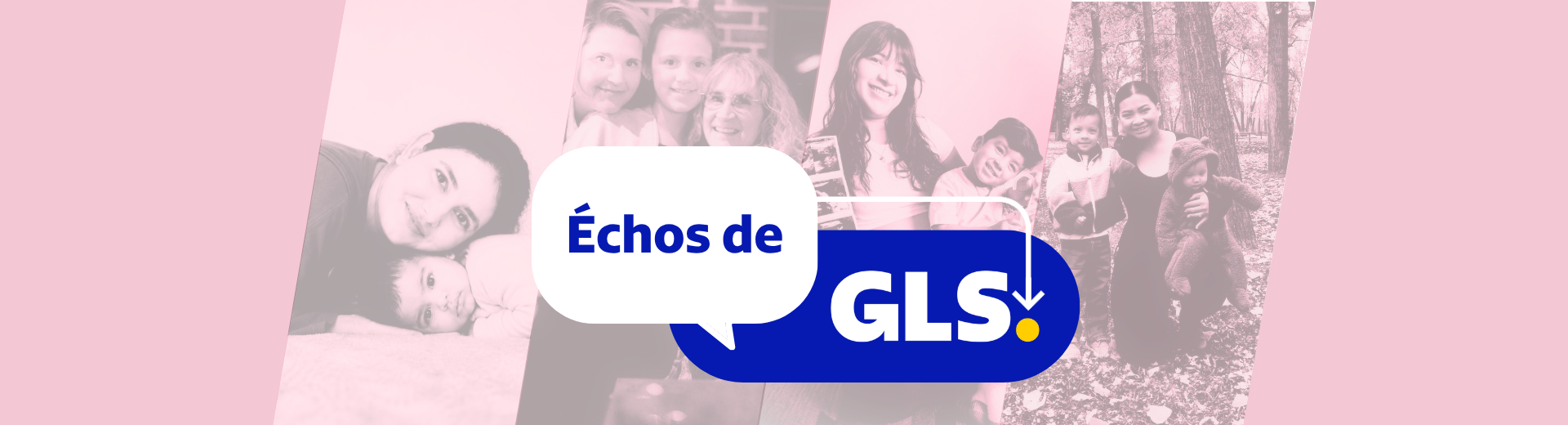 Fond bleu avec des images de Nelson Mandela, d'un joueur de hockey, d'un employé de GLS et d'une camionnette de livraison GLS sur laquelle est inscrit « Échos de GLS » 