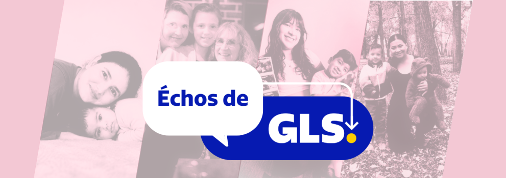 Fond bleu avec des images de Nelson Mandela, d'un joueur de hockey, d'un employé de GLS et d'une camionnette de livraison GLS sur laquelle est inscrit « Échos de GLS » 