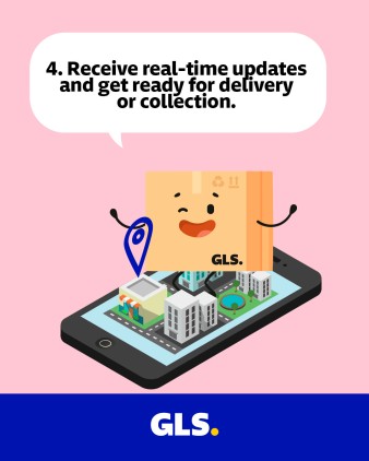 Illustration of a smiling GLS parcel on a smartphone map showing real-time updates for parcel delivery or collection.