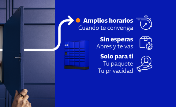Banner promocional de GLS que muestra a una persona recogiendo un paquete en un locker automático. Mensaje: 