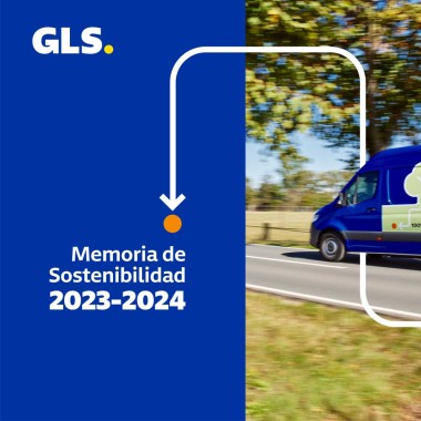 Portada de la Memoria de Sostenibilidad 2023-2024 de GLS Spain, con una furgoneta azul ecológica en carretera rural y el logotipo de GLS sobre fondo azul.