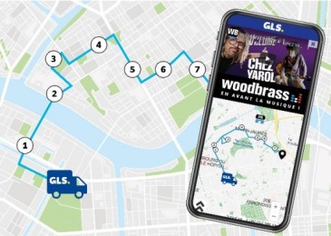 Geolocated map showing the route of a GLS truck with real-time tracking on a smartphone, illustrating the interactive delivery experience with the GLS app.